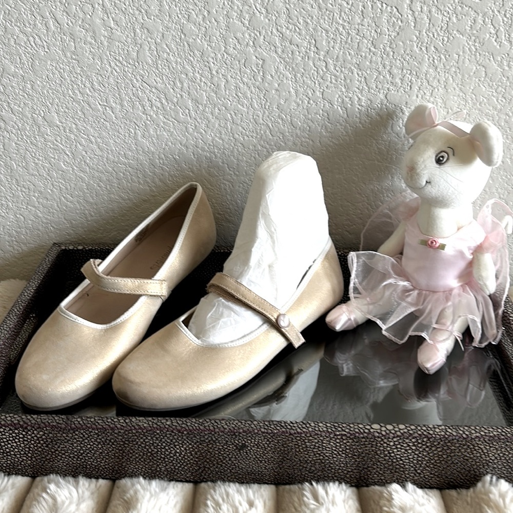 Elegant girl dress up shoes. Real leather, glitter gold color.